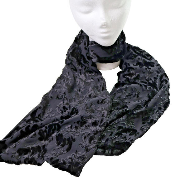Black Velvet Burnout Silk Blend Rectangle Scarf Floral Whimsigoth Fairy Witchy - Picture 1 of 5